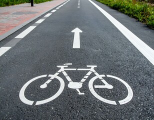 Obraz premium Asphalt bike lane with white bicycle symbol and arrow. Perfect for illustrating cycling infrastructure, road safety, or active transportation.