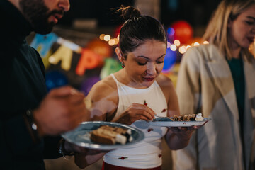 A group of friends enjoying cake at an outdoor birthday celebration with vibrant decorations. The evening atmosphere adds to the cheerful and warm gathering of people sharing food and good moments.