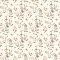 Flower print, seamless floral pattern, cute ditsy tile print, gentle flowers pattern. Small hand drawn flowers, green leaves, floral on light background, Botanical floral design for texture, fabric