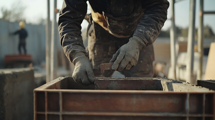 Construction Worker Using Trowel on Concrete Formwork