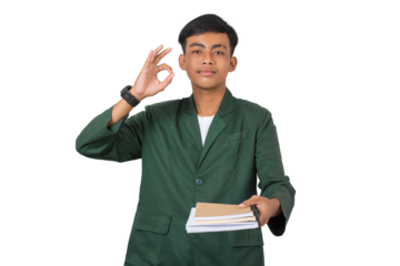 Portrait of smiling confident young college student with laptop and books isolated background