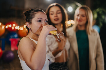 A young woman is seen sipping a beverage while socializing during a lively party scene. The...