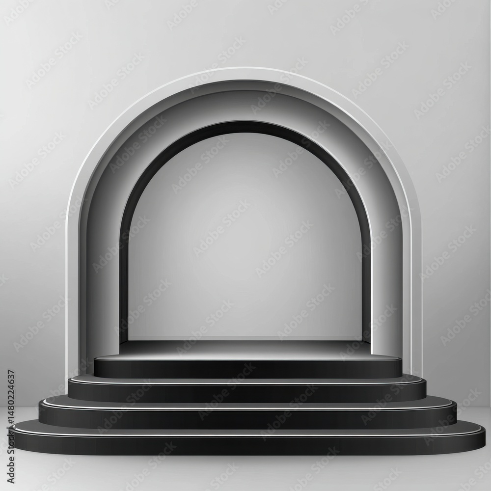 Poster minimalist stage with archway and steps in gray tones studio shot for product display or presentatio