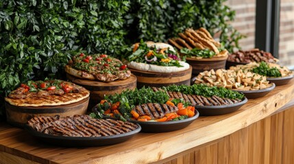 Diverse gourmet appetizers and finger foods arranged on black plates and wooden serving trays indoors