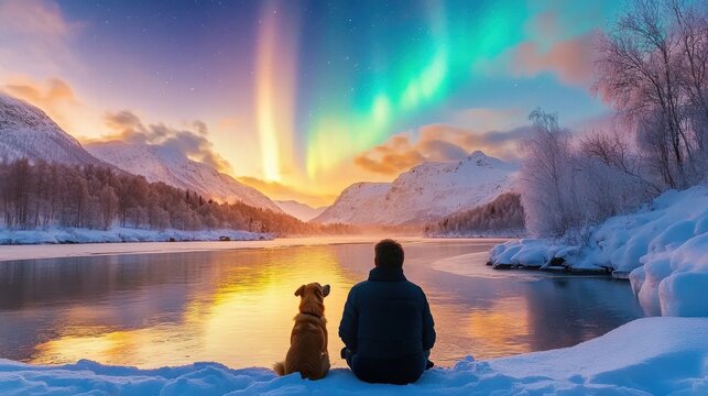 Person and Dog Enjoying Aurora Borealis over Serene Landscape