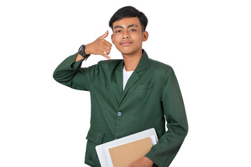 Portrait of young college student smiling at camera and shows call me telephone hand sign gesture