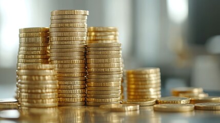 Stacks of Shiny Golden Coins with Soft Focus Background