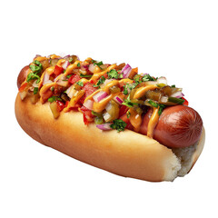 Hot dog with vegetables and mustard and ketchup isolated on white background. Delicious hot dog in bun, with onions and tomatoes, sauces, pickles. isolated.