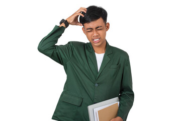 Young college student suffering headache migraine while studying isolated background