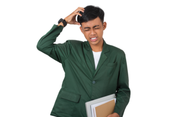 Young college student suffering headache migraine while studying isolated background