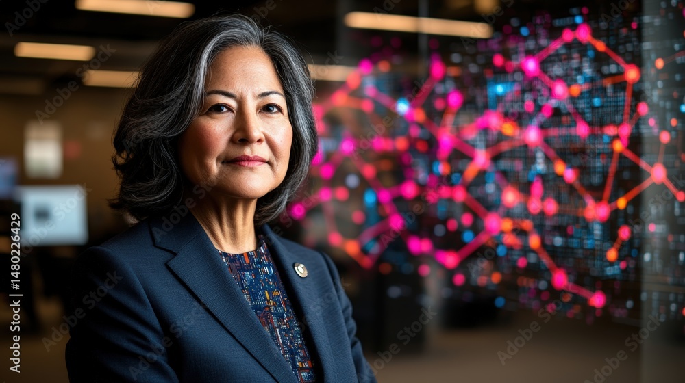Aufkleber professional woman in business attire standing in front of digital network and futuristic data visua