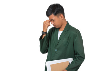 Young college student suffering headache migraine while studying isolated background
