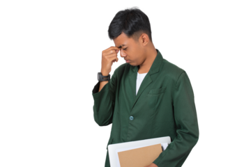 Young college student suffering headache migraine while studying isolated background