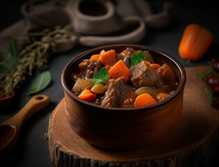Traditional creamy potato salad with fresh herbs served in rustic stone bowl on wooden table, surrounded by ingredients in dark moody kitchen setup.
