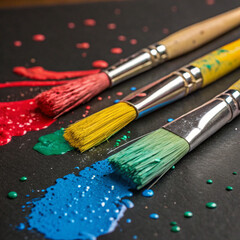 Obraz premium The image showcases paintbrushes loaded with blue, yellow, orange, red, teal, and green paint, creating textured strokes on a dark background.