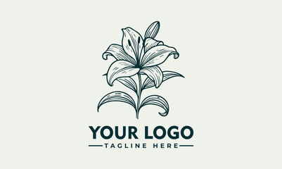 Elegant Line Art Illustration of a Lily Flower with Graceful Petals and Detailed Stem. Floral Design Concept