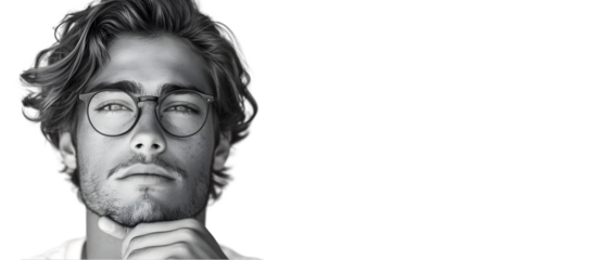 Man with glasses with thoughtful pose.