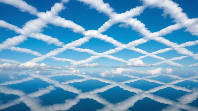 Aerial View Cloud Grid Reflections Above Water Drone Shot