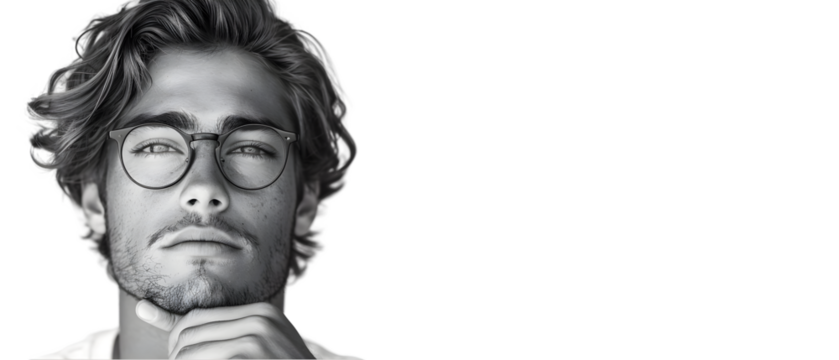 Man with glasses with thoughtful pose.