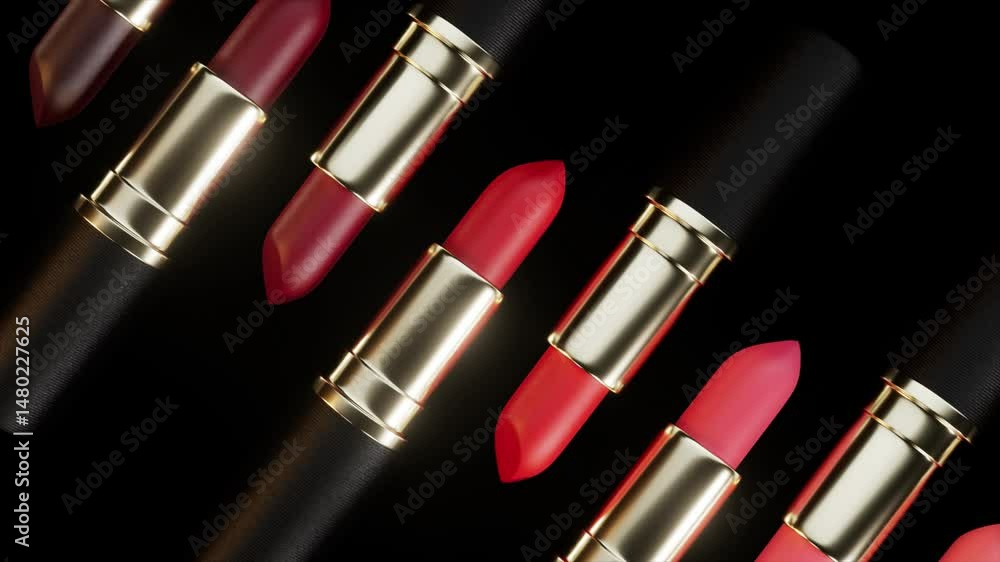Poster multiple lipsticks with golden tubes and different shades of red and burgundy rotate slightly on a u