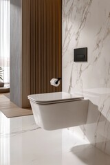 Modern wall hung toilet in luxury bathroom interior design with marble wall and wooden partition detail