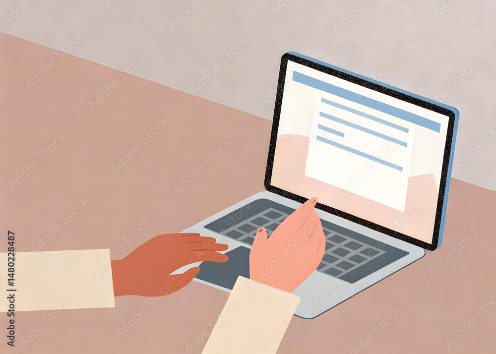 Poster close-up of hands typing on a laptop keyboard with a visible screen in a minimalistic workspace