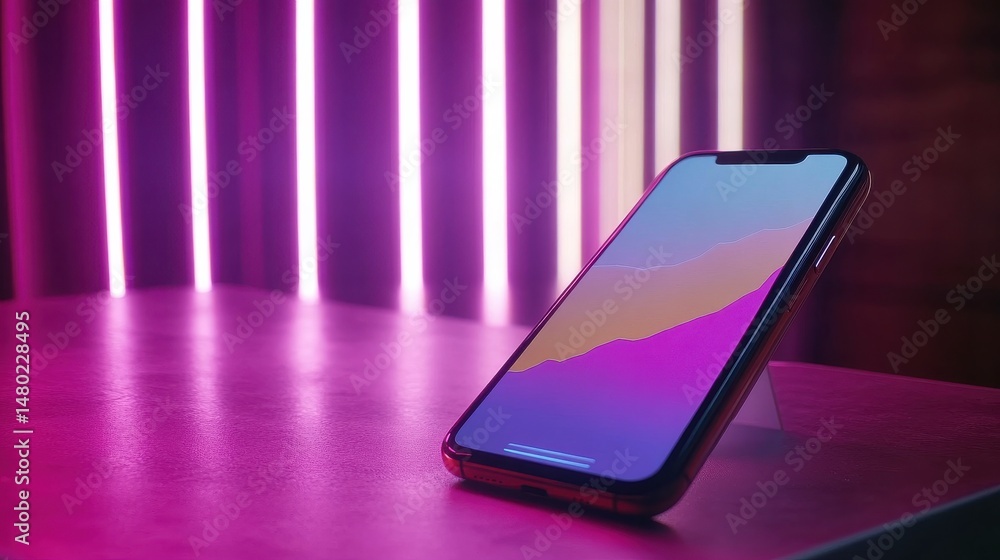 Poster smartphone display with colorful neon background and modern design