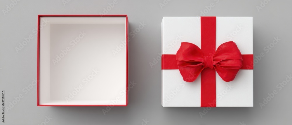 Poster two gift boxes flat lay top view one empty one with red ribbon and bow on gray background studio sho