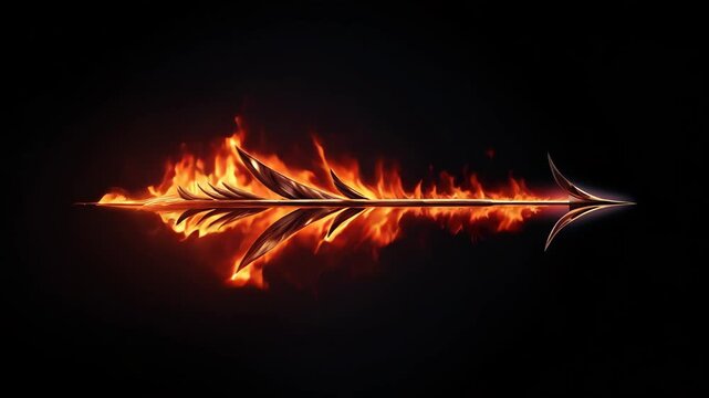 Arrow burning in fire animation on dark background video clip.