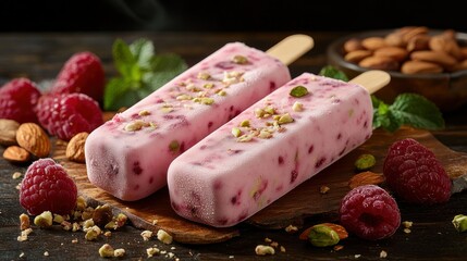 Delicious raspberry pistachio ice pops on a wooden board