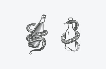 Snake logo wrapped around bottle with engraving style template design