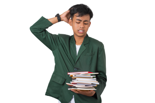 Stressed young college student tired of learning and to much homework isolated background