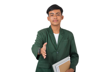 Smiling young college student offering a handshake for welcome isolated background