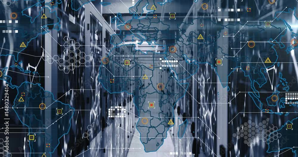 Aufkleber data center corridor rendering flat design network overlay, linking server racks with glowing nodes