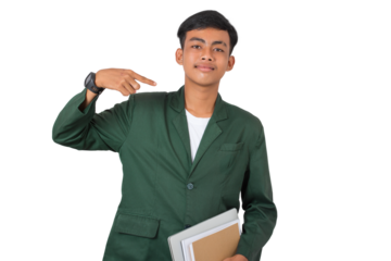 Young college student proud and confident pointing himself isolated background