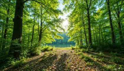 Fototapeta premium Sunlight filtering through trees in a lush forest, serene atmosphere, natural landscape, copy space. 
