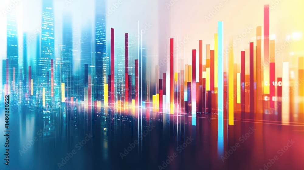Poster abstract cityscape with colorful data visualization and light effects