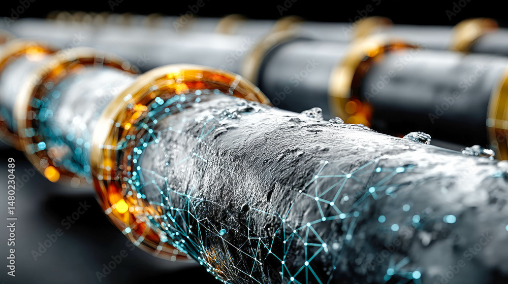 Poster conceptual view of a corroded oil pipeline with glowing digital wireframe overlays symbolizing leak 