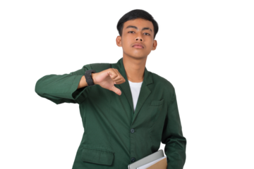 Young college student proud and confident pointing himself isolated background
