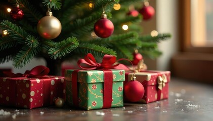 A beautifully wrapped gift box sits under a decorated Christmas tree , tree, green