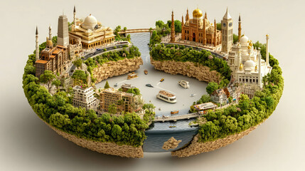 Floating island combining lush green trees with industrial factories, symbolizing environmental conflict and climate change