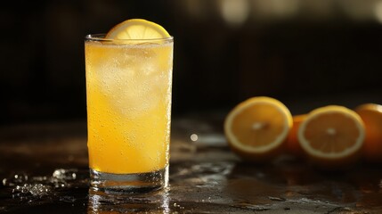 Fototapeta premium Refreshing Citrus Drink with Ice and Lemon Slice on a Wooden Surface