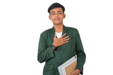 Young college student proud and confident pointing himself isolated background