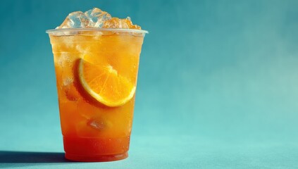 A refreshing iced orange beverage in a clear plastic cup with ice cubes and an orange slice against a blue background.
