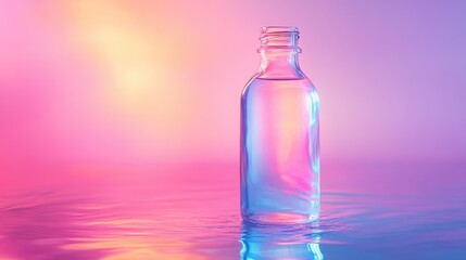 Obraz premium Transparent bottle on colorful water surface with vivid pink and blue background creating a serene atmosphere