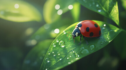 Fototapeta premium Ladybug on Dewy Green Leaf Nature Beauty