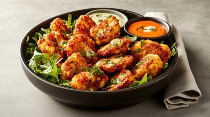 Fototapeta premium Crispy breaded chicken wings with fresh greens and spicy dipping sauces in a black bowl on gray surface