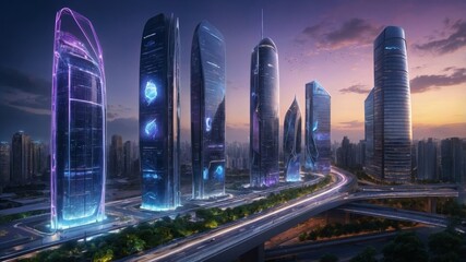 Fototapeta premium A stunning ultra-modern smart city with futuristic skyscrapers illuminated by neon blue and purple lights. Autonomous electric vehicles glide smoothly on elevated highways, while pedestrians interact