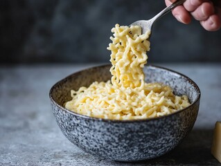 Delicious bowl of cooked pasta topped with grated cheese, served in a rustic ceramic bowl, perfect for comfort food lovers and Italian cuisine themes.