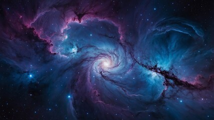 Abstract cosmic nebula with swirling clouds of bright blue and purple hues, glowing stars scattered, deep space atmosphere